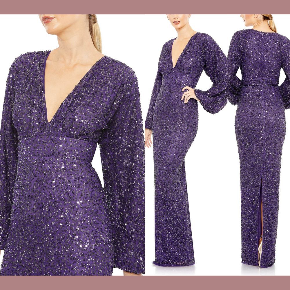 NWT $498 Mac‎ Duggal [ 12 ] Sequined Puff sleeve V Neck Gown Amethyst Purple